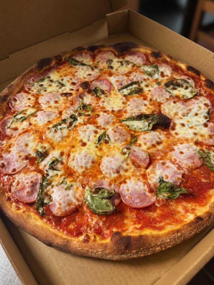 A freshly baked pizza from Taste of Italy